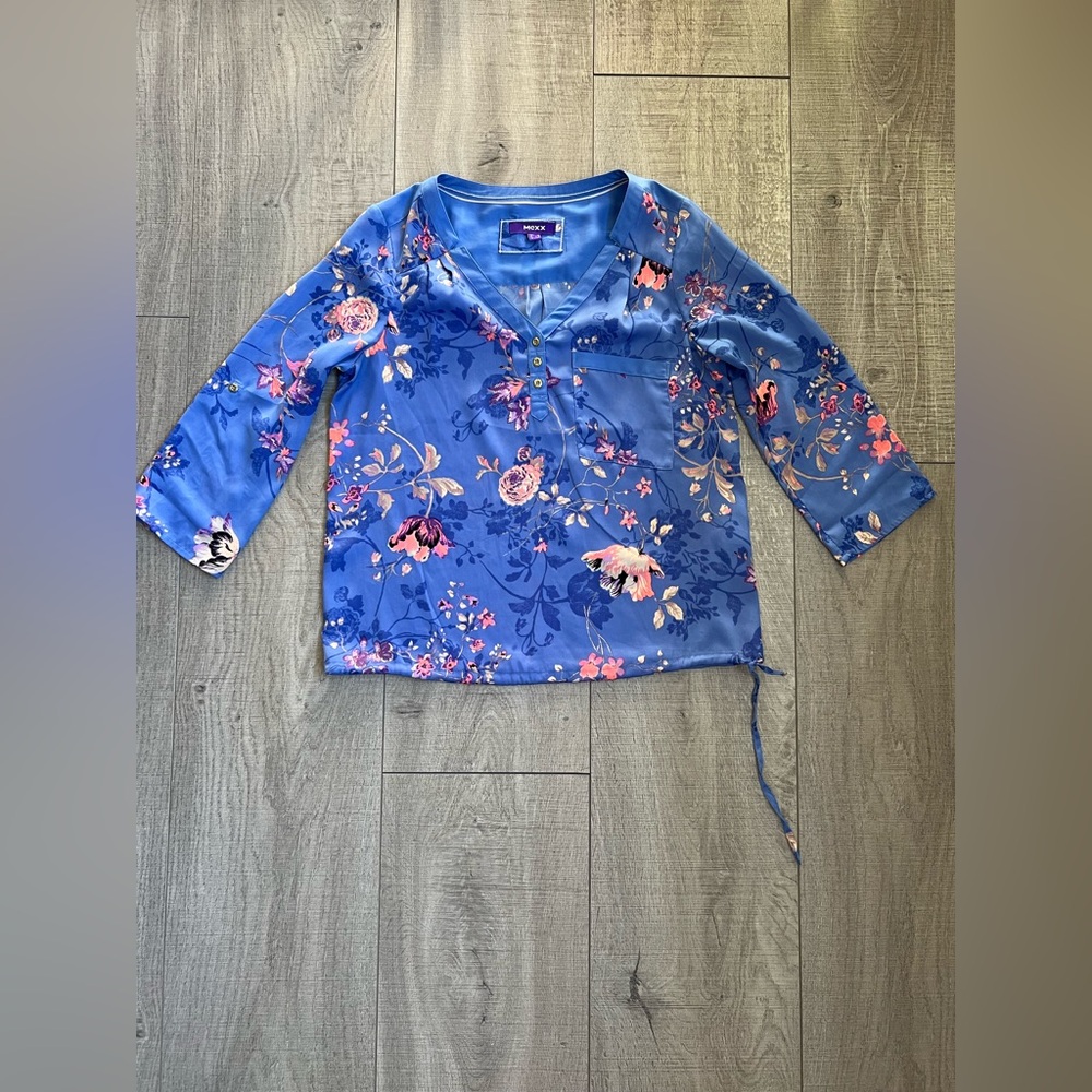 Mexx Blue Floral V-Neck Blouse with Pink Accents
